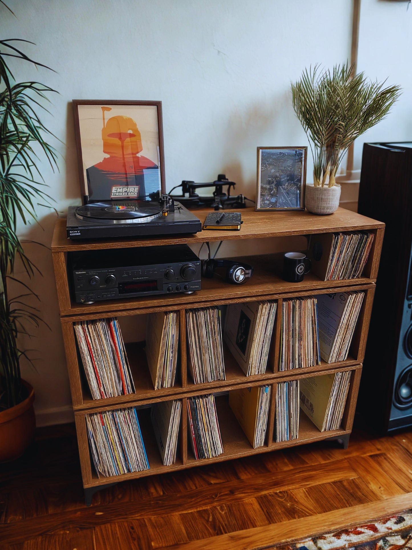 Brenzok 3-Tier Vinyl Record Storage Cabinet with Component Shelf