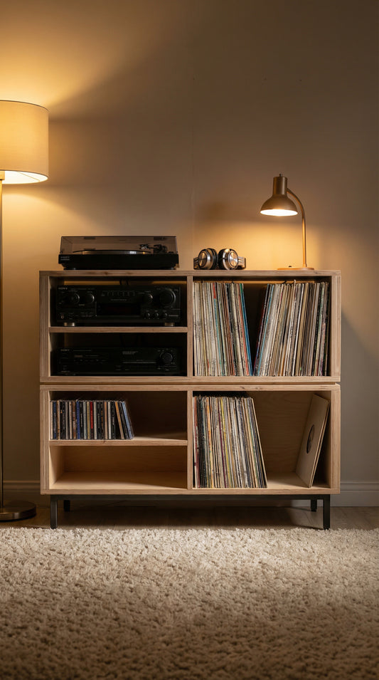 Skrauen Vinyl Record Storage Cabinet with 4-Space Hi-Fi Rack