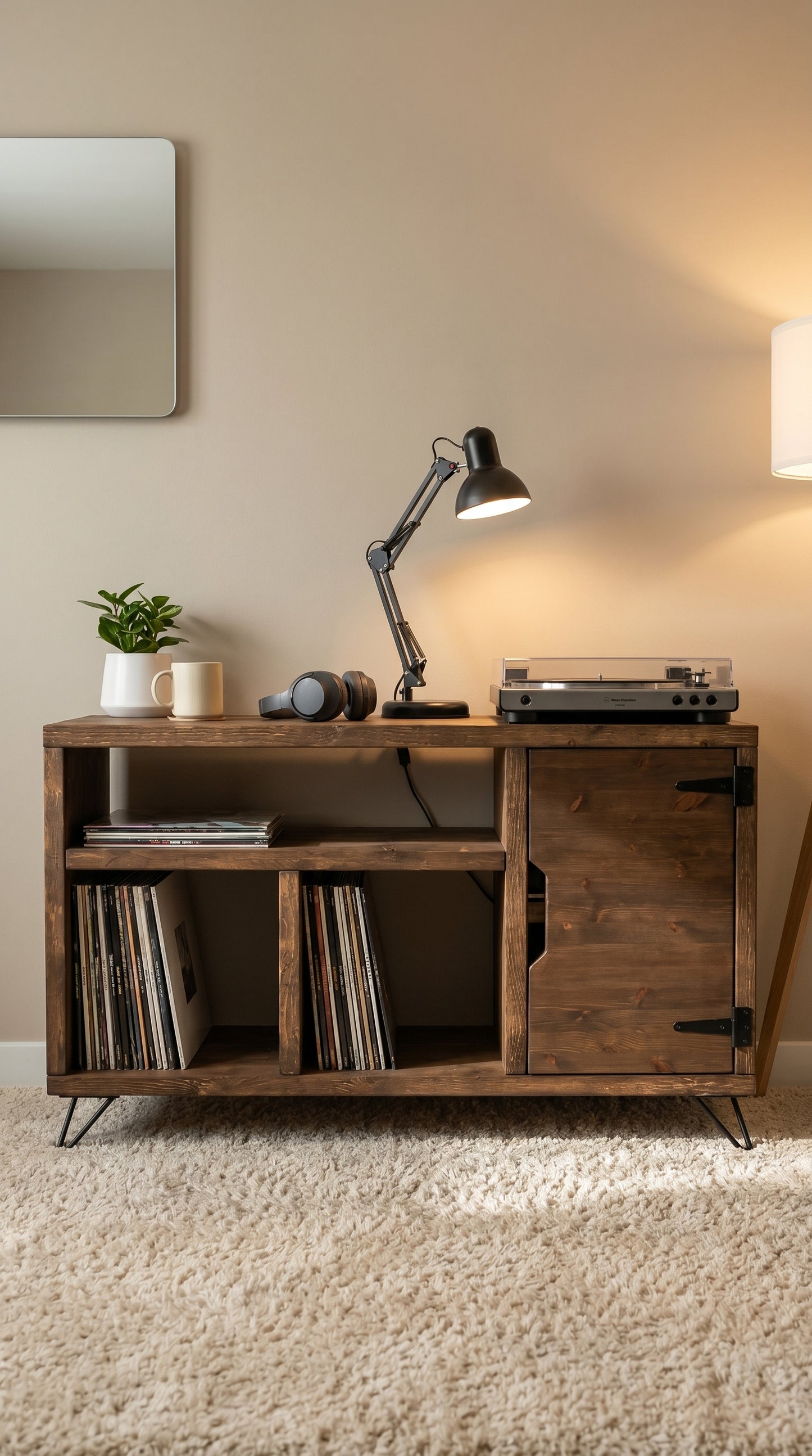 Beinler – Vinyl Storage Cabinet with Door (Walnut, 120cm , Hairpin Legs)