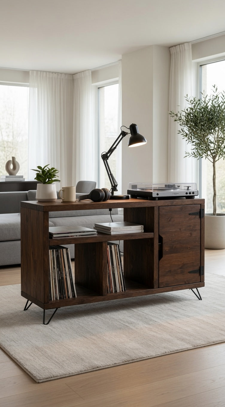 Beinler – Vinyl Storage Cabinet with Door (Walnut, 120cm , Hairpin Legs)