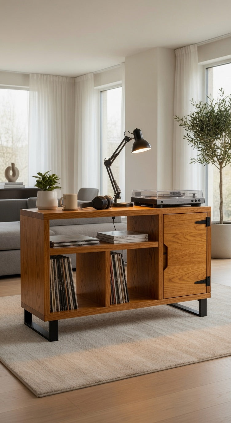 Beinler – Vinyl Storage Cabinet with Door (Walnut, 120cm , Hairpin Legs)