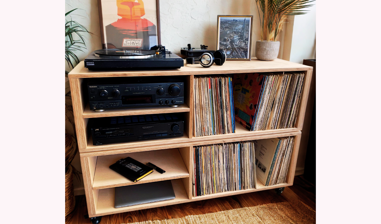 Skrauen Vinyl Record Storage Cabinet with 4-Space Hi-Fi Rack